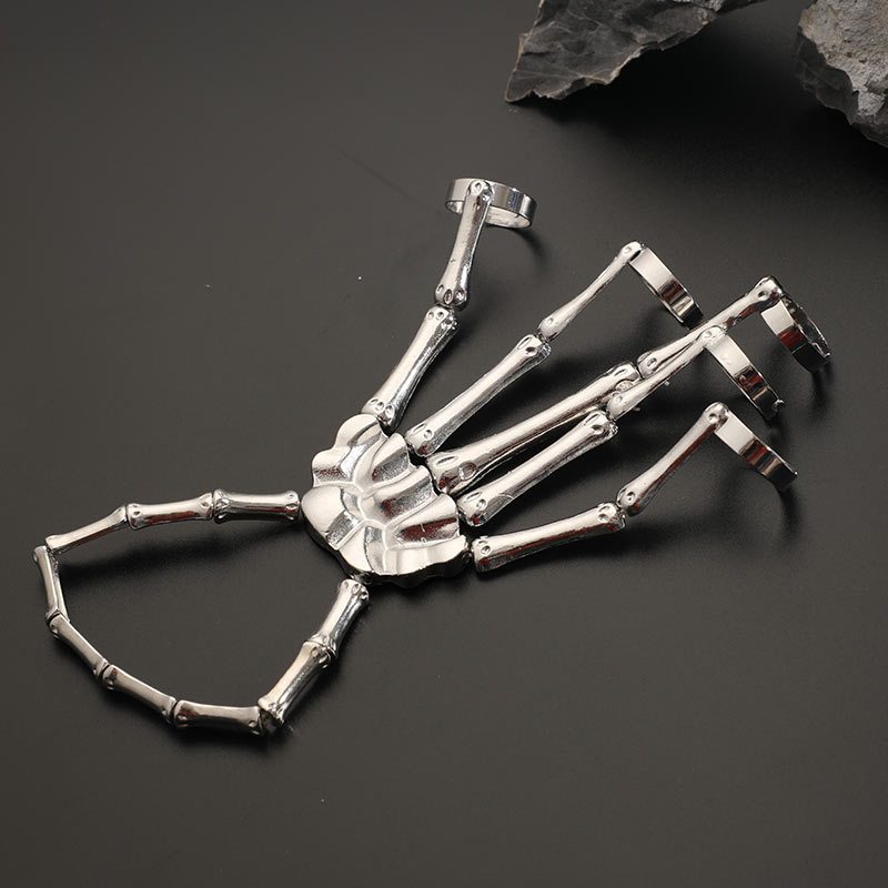 Punk Skull Hand Bone Five Finger Ring Bracelet Chain